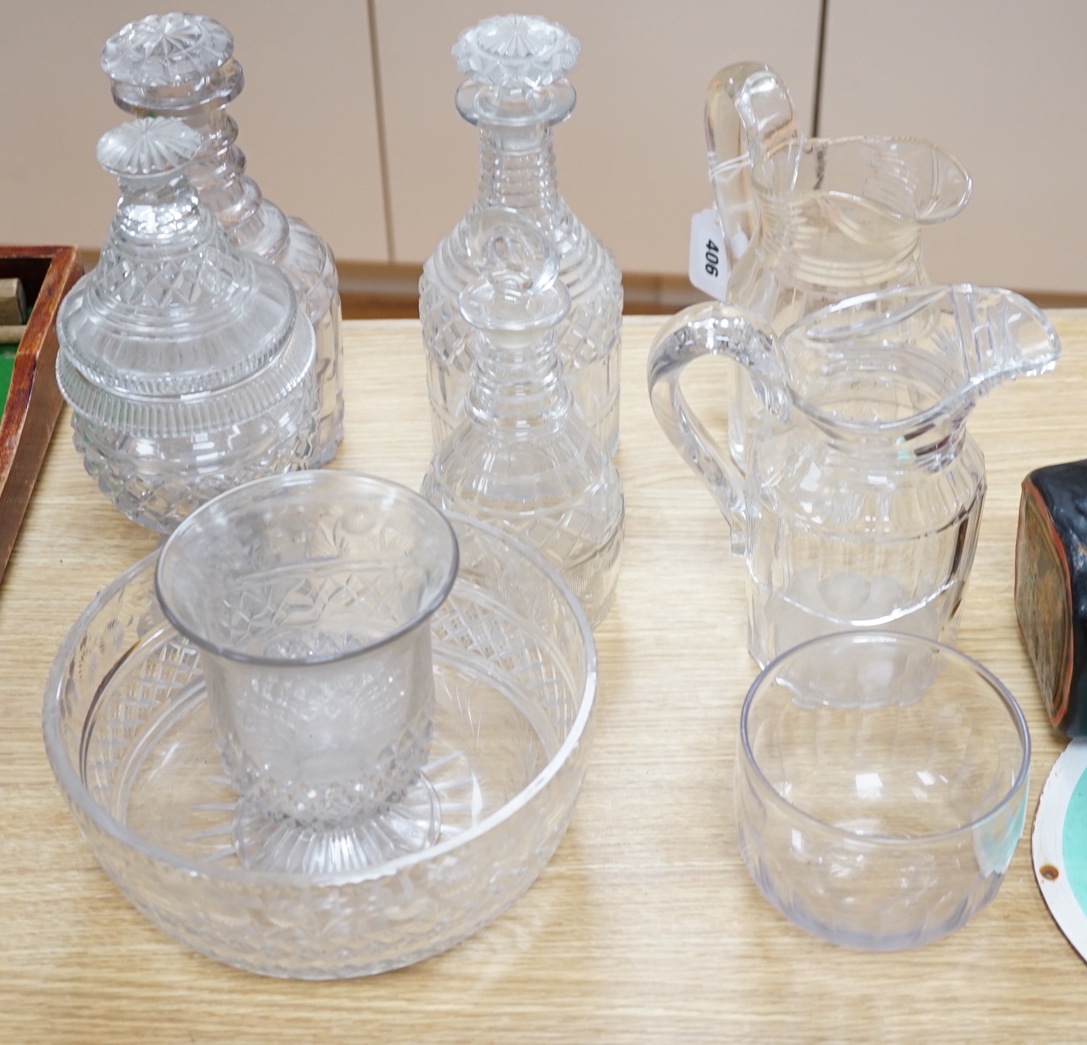 Collection of Regency and later glassware including decanters, jugs and a Bon Bon dish, the largest 27cm high